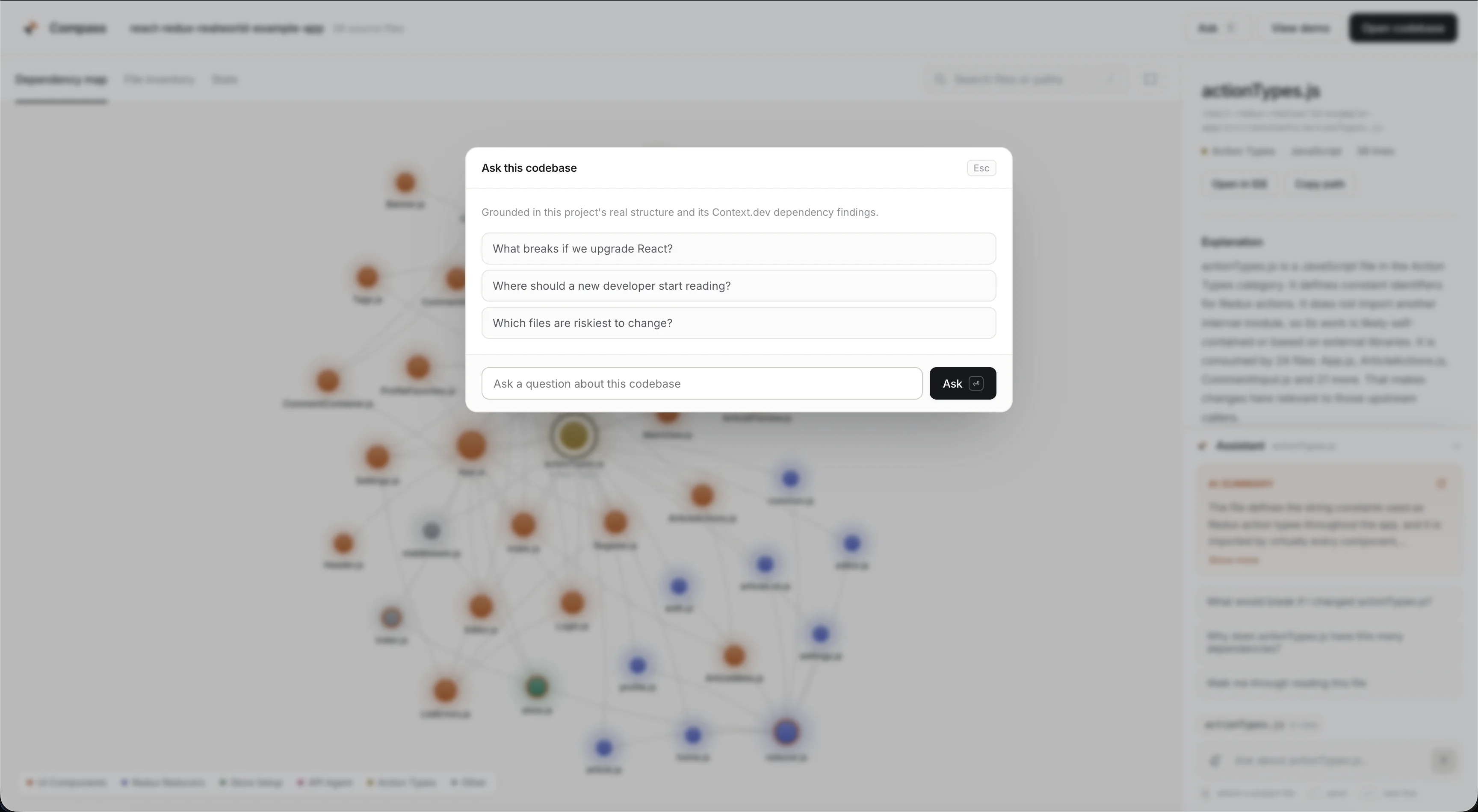 Compass codebase assistant dialog offering grounded questions about a repository, including upgrade impact, reading order, and risky files.