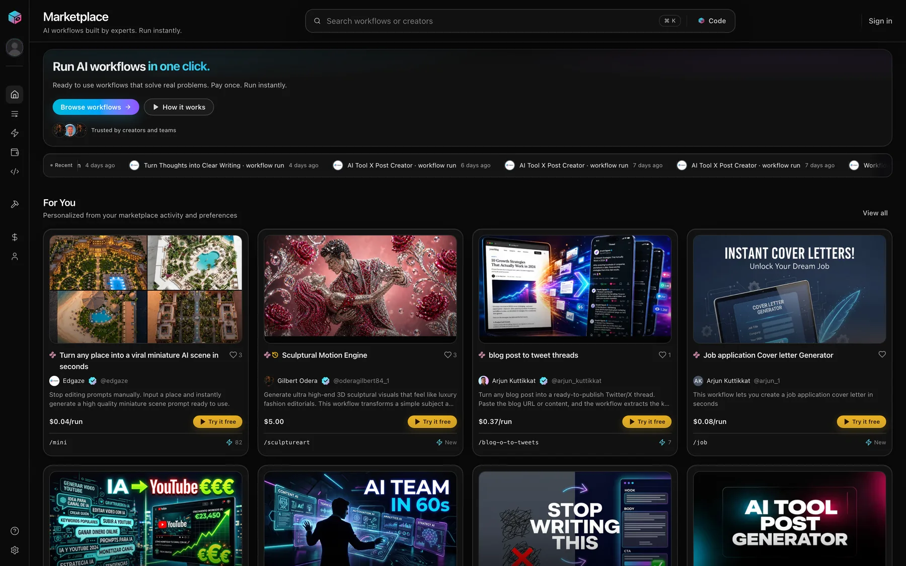 The Edgaze marketplace showing published AI workflows, their creators, and their price per run.