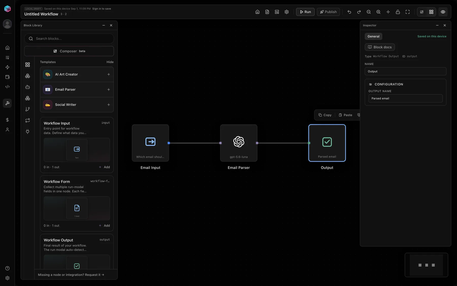 Edgaze Workflow Studio with a simple three-block workflow on the canvas. Block library on the left, inspector on the right.
